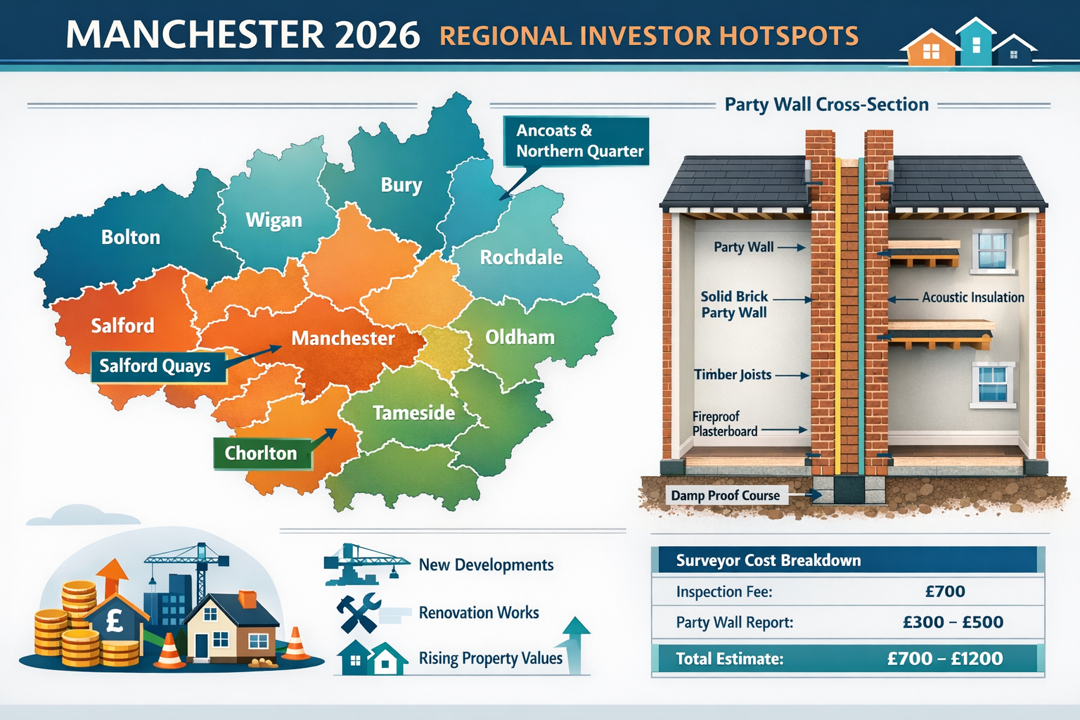 Landscape format (1536x1024) comprehensive visual guide showing Manchester's 2026 regional investor hotspots with detailed map of Greater Ma