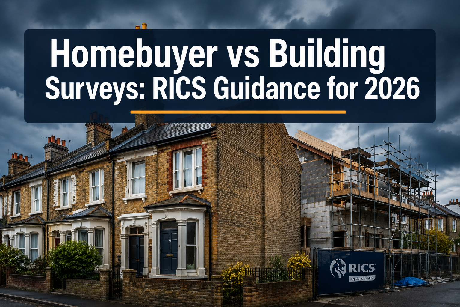 Professional () hero image with : 'Homebuyer vs Building Surveys: RICS Guidance for 2026' in extra large white with dark