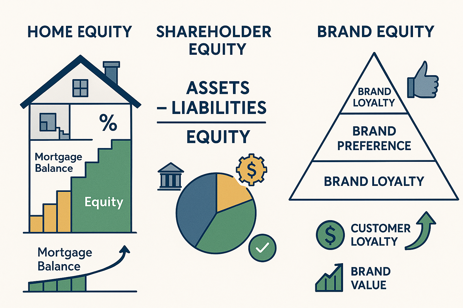 Detailed infographic illustration showing three distinct types of equity in landscape format: left panel displays home equity concept with h