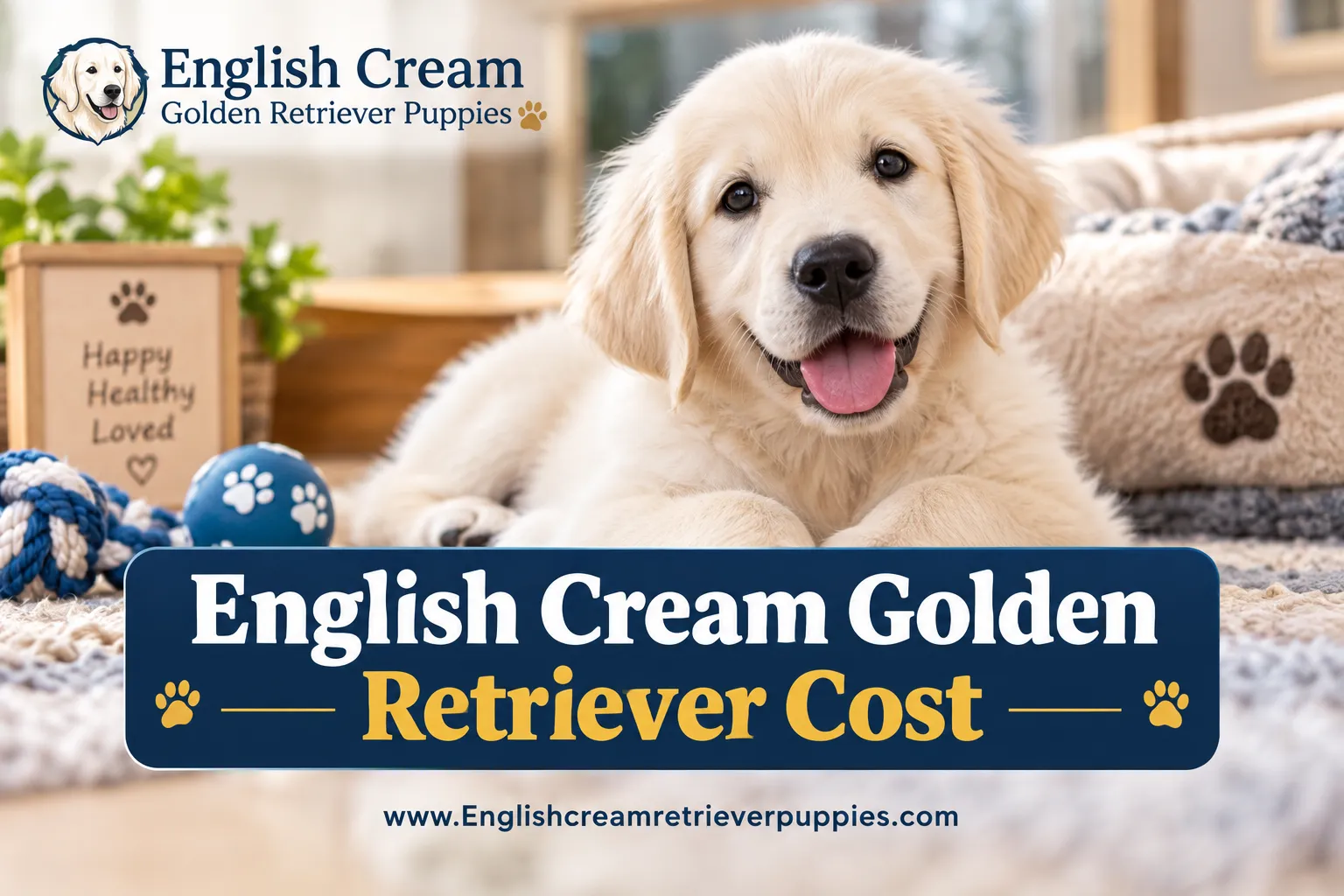 A reading "English Cream Golden Retriever Cost". CRITICAL TYPOGRAPHY RULES: render the text on 1–2 lines, centered, with