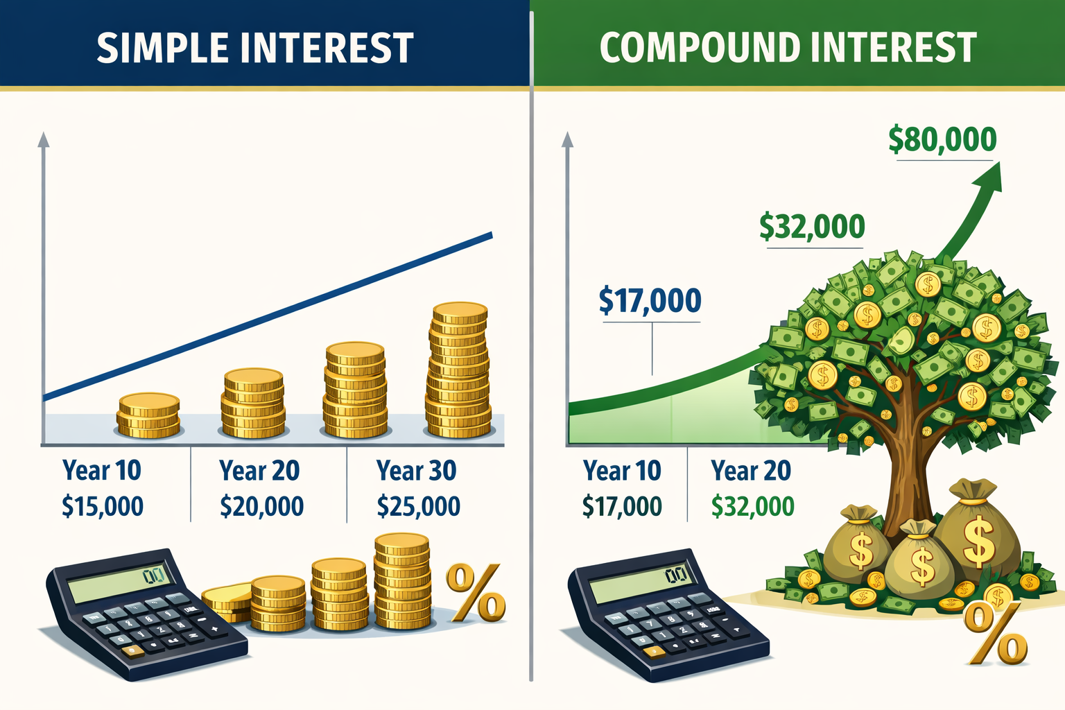 Landscape format (1536x1024) editorial image showing side-by-side visual comparison of simple interest versus compound interest growth over 