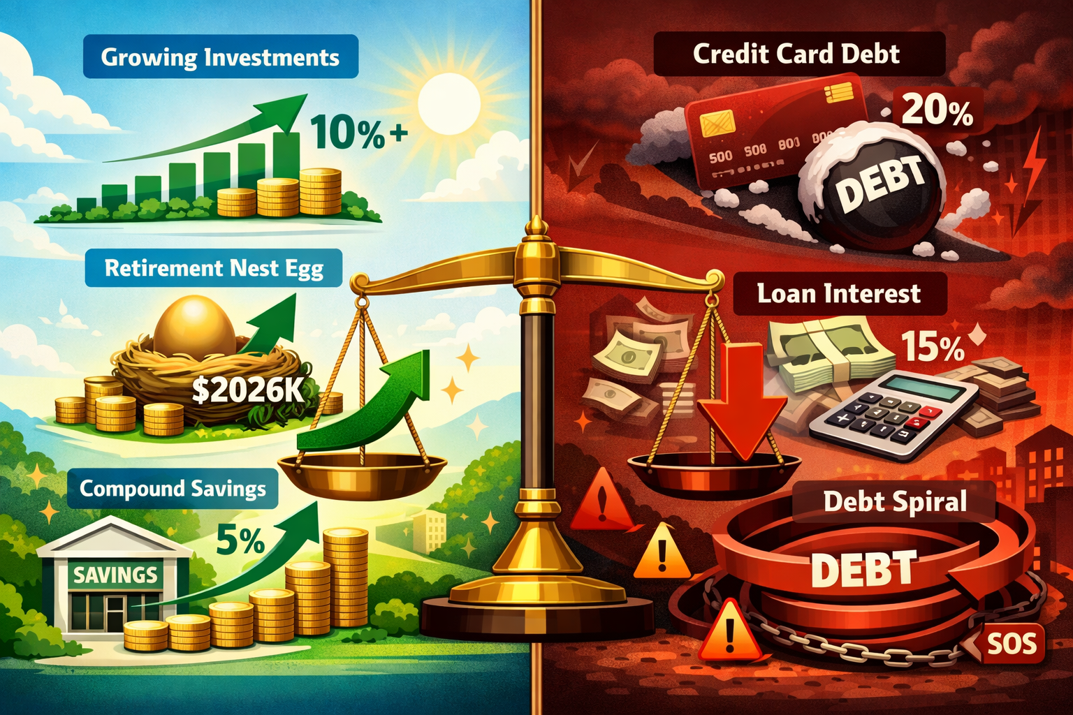 Landscape format (1536x1024) split-screen editorial image contrasting positive versus negative effects of interest and compounding. Left sid