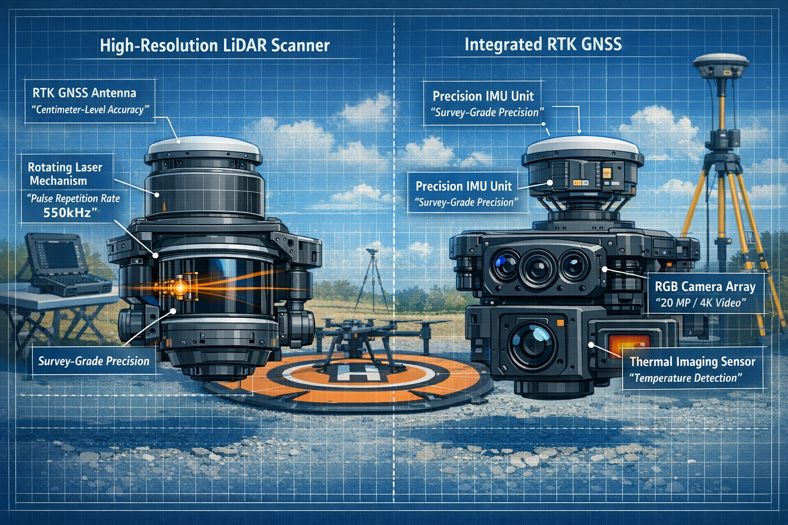 Detailed landscape format (1536x1024) image showing side-by-side comparison of LiDAR drone sensor specifications with labeled components: hi