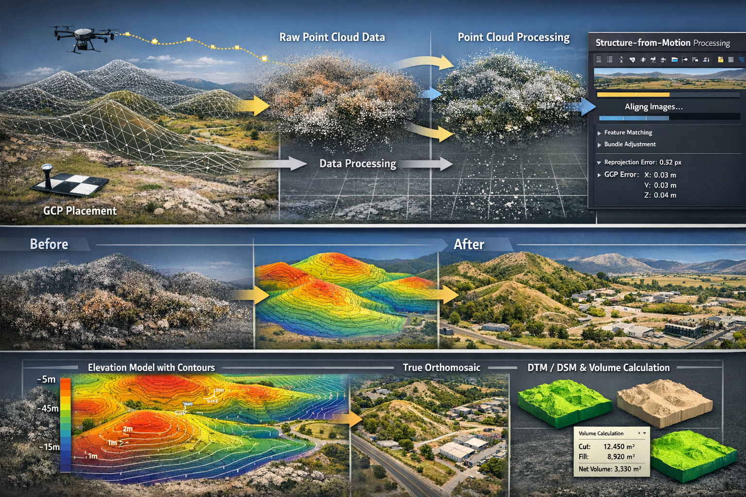 Detailed landscape format (1536x1024) image depicting photogrammetry and LiDAR data processing workflow visualization with multiple connecte