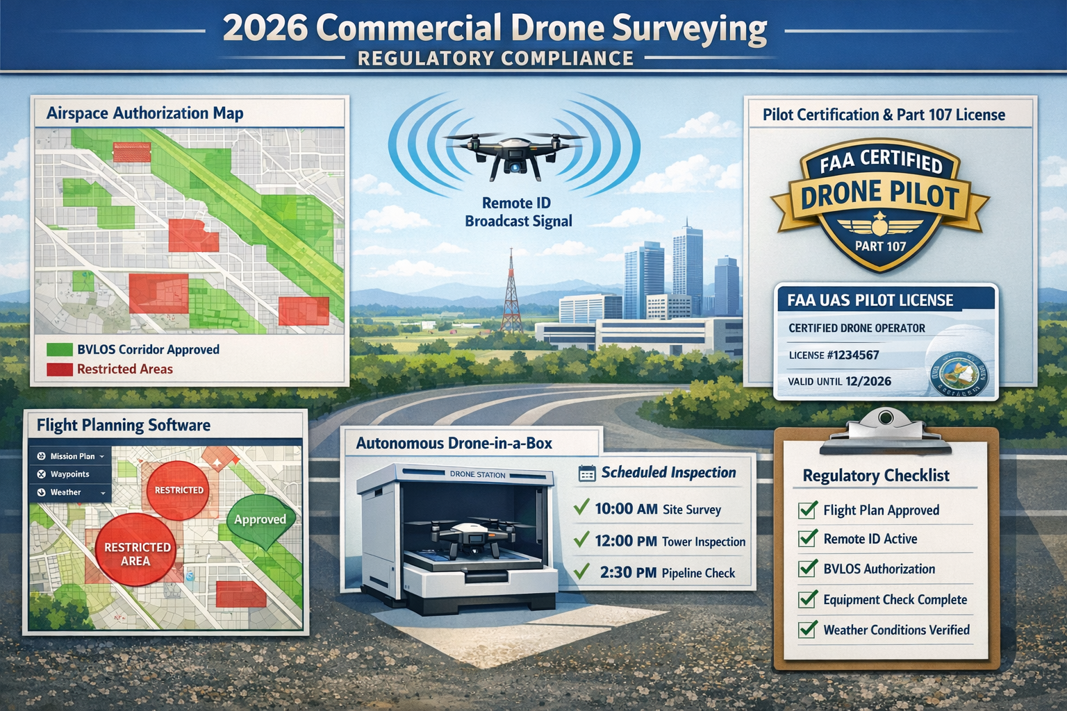 Detailed landscape format (1536x1024) image illustrating 2026 regulatory compliance framework for commercial drone surveying with visual ele