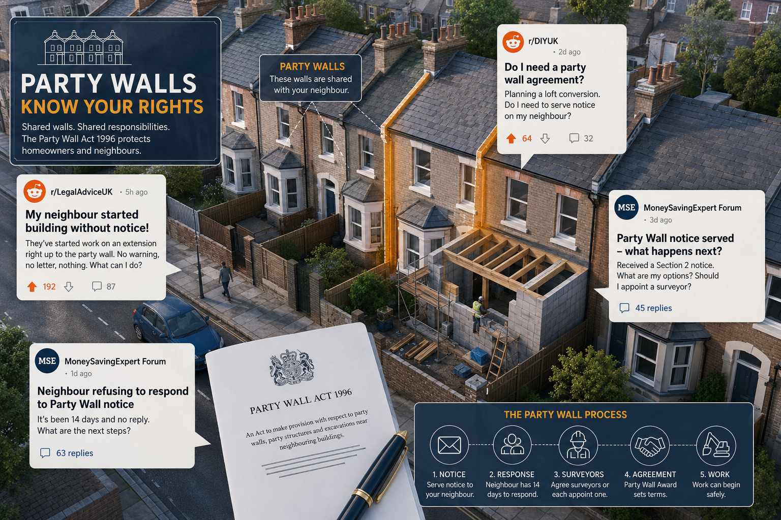 Detailed () infographic-style illustration showing a UK terraced street with party walls highlighted in amber, with overlaid