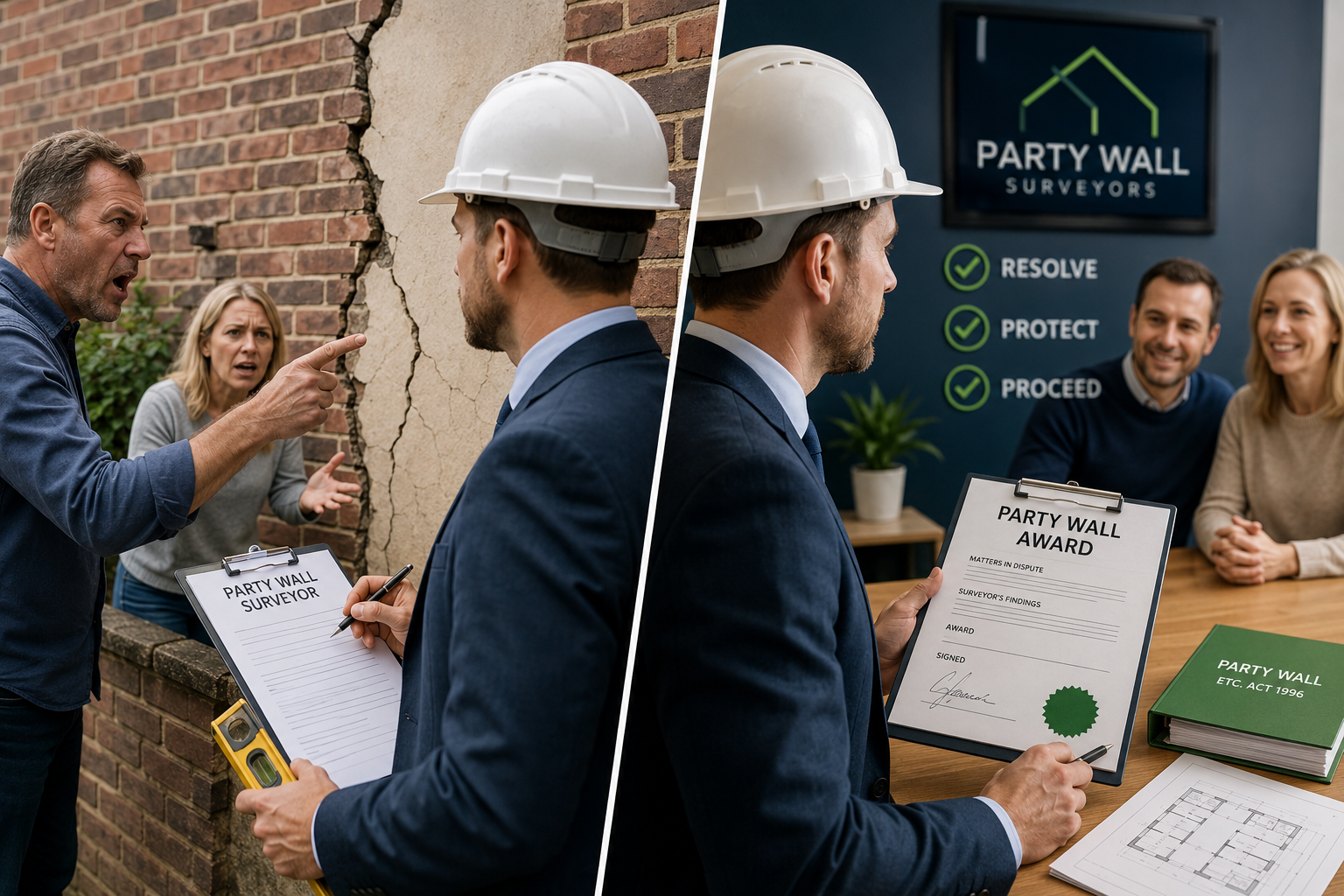 () close-up editorial illustration of a professional party wall surveyor in a hard hat and suit examining a shared brick