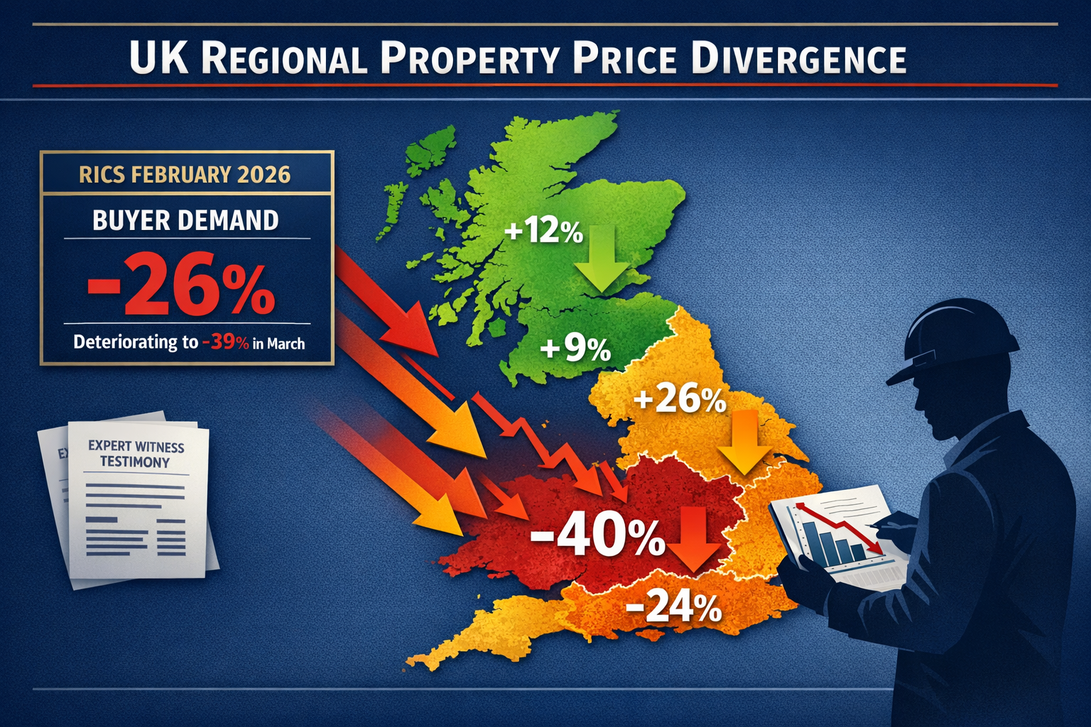 () detailed infographic showing UK regional property price divergence map with color-coded regions: London highlighted in