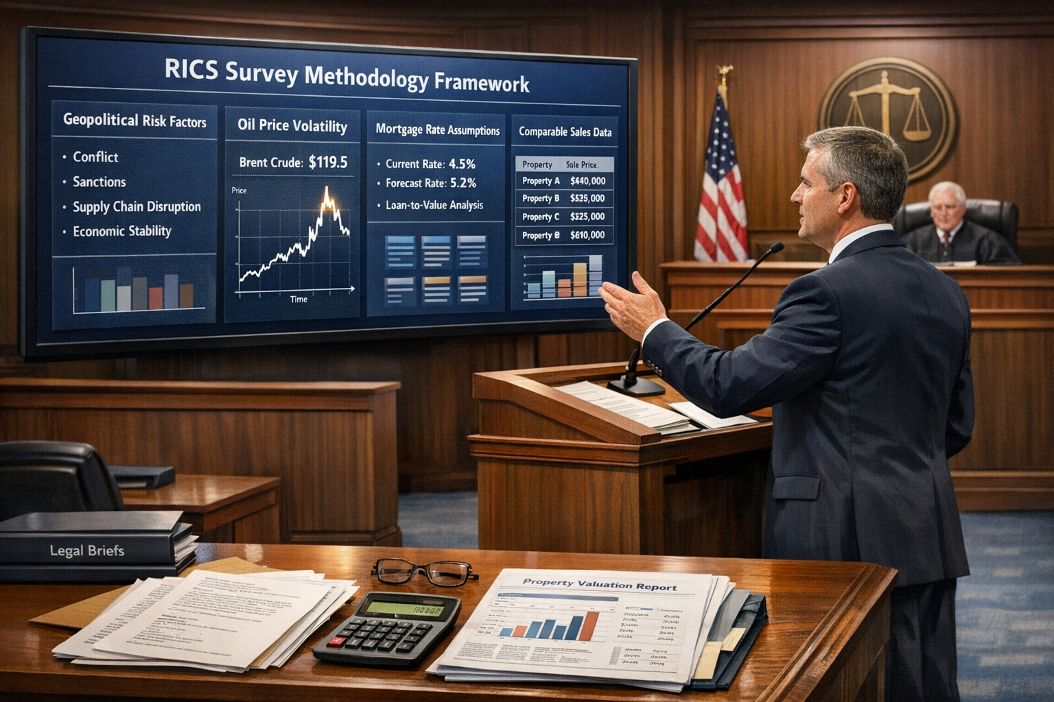 () conceptual illustration showing expert witness in formal business attire standing at testimony podium in modern courtroom