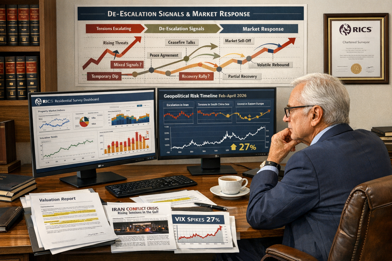 () strategic planning scene showing senior chartered surveyor at modern desk with dual monitors displaying RICS residential