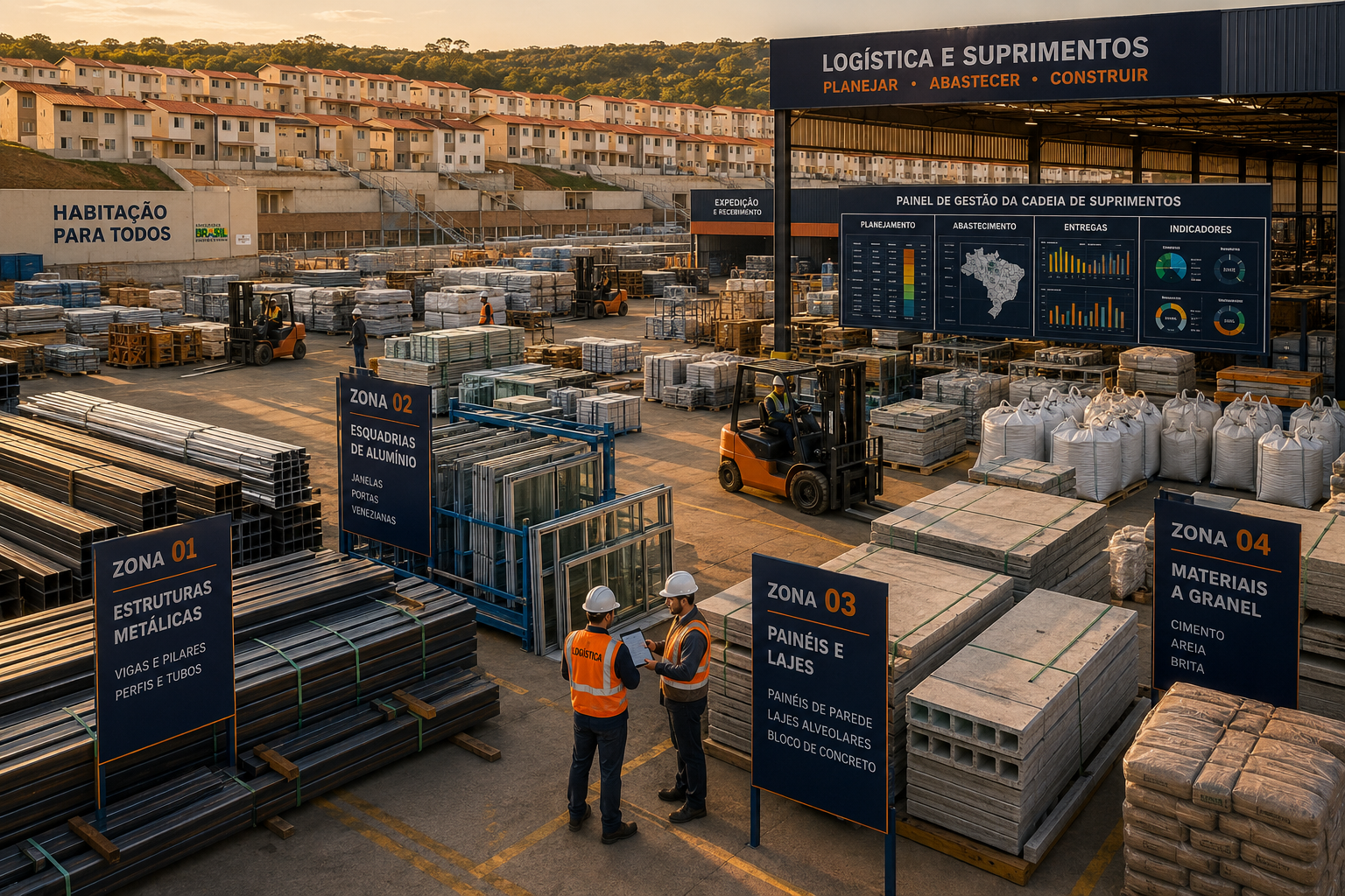 Wide-angle ground-level photograph of a massive construction supply yard adjacent to a Brazilian subsidized housing project,