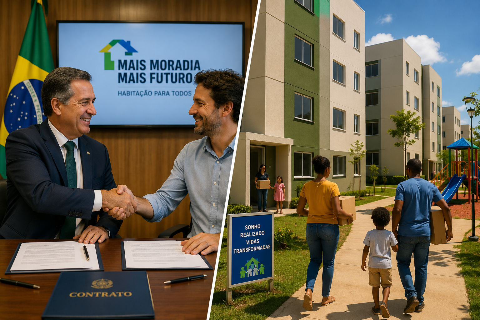 Split-screen editorial photograph: left side shows a government official and private developer shaking hands over signed