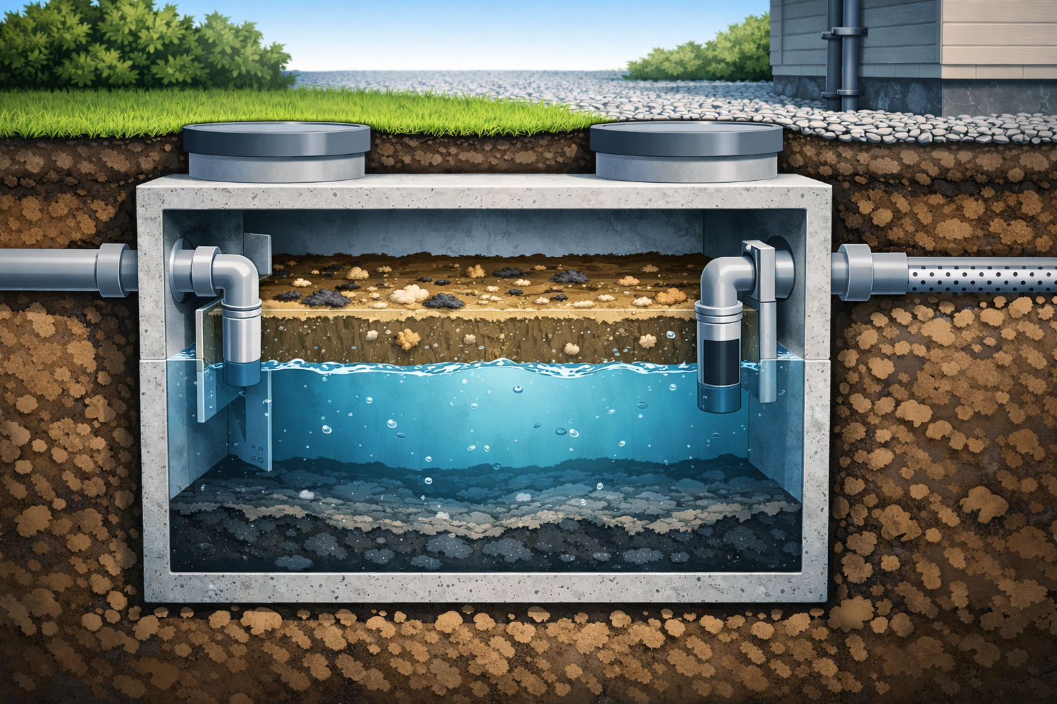 Professional landscape format (1536x1024) editorial image showing a cutaway cross-section view of an underground septic tank system with cle