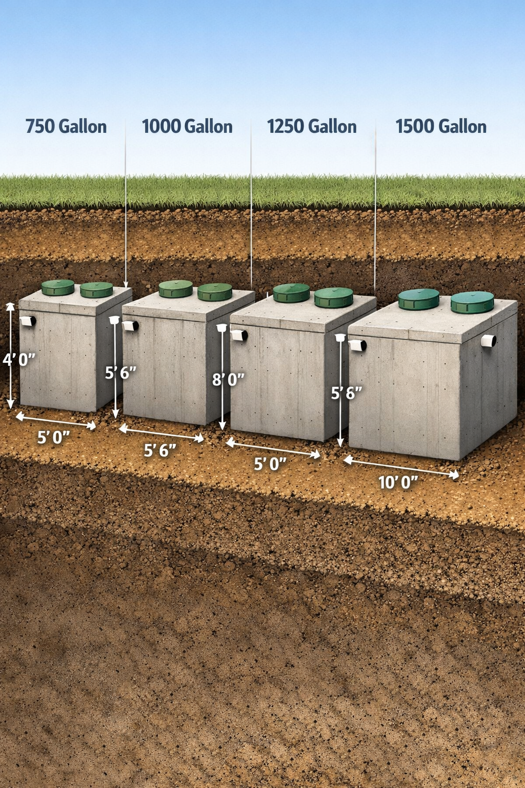 Portrait format (1024x1536) comparison illustration showing different septic tank sizes and shapes side by side. Multiple concrete tanks in 