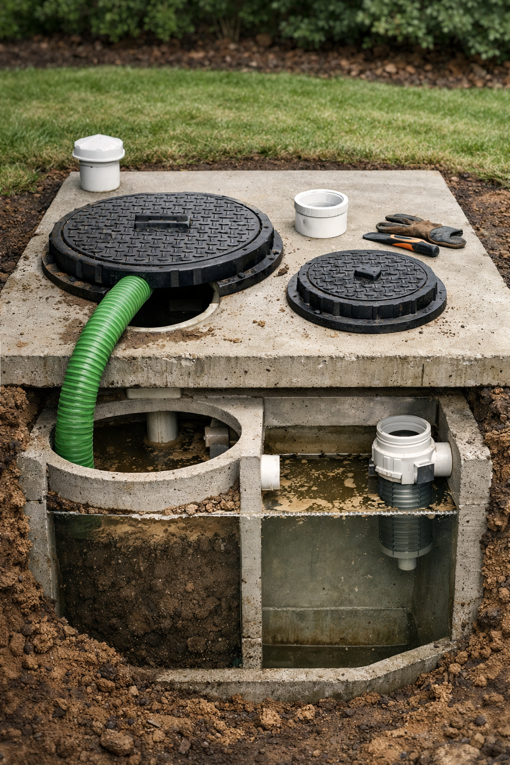 Portrait format (1024x1536) detailed view of septic tank access points and maintenance features. Shows concrete tank lid with manhole covers