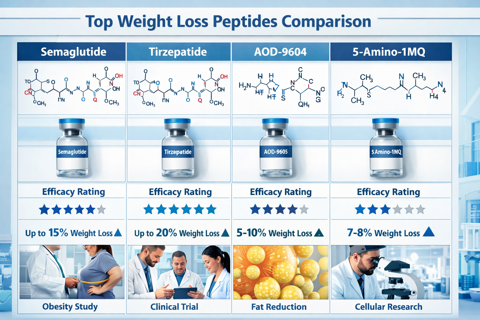 Detailed scientific illustration showing comparison chart of top weight loss peptides including Semaglutide, Tirzepatide, AOD-9604, and 5-Am