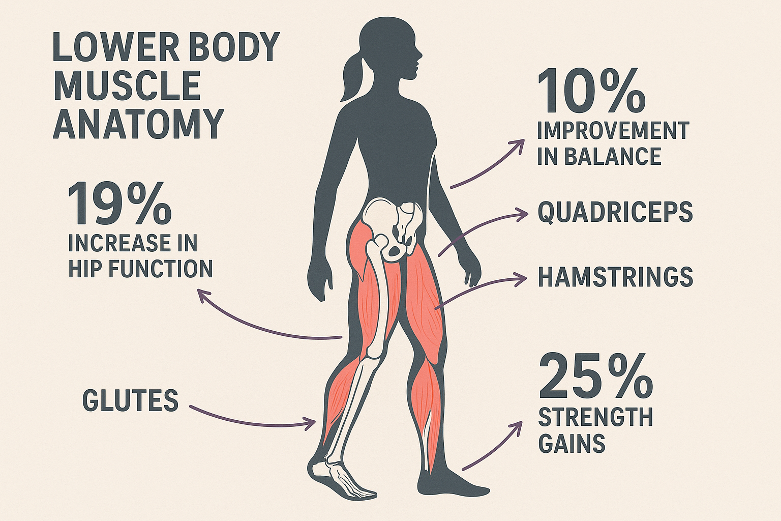Editorial landscape image (1536x1024) showing detailed infographic of lower body muscle anatomy with highlighted quadriceps, hamstrings, glu