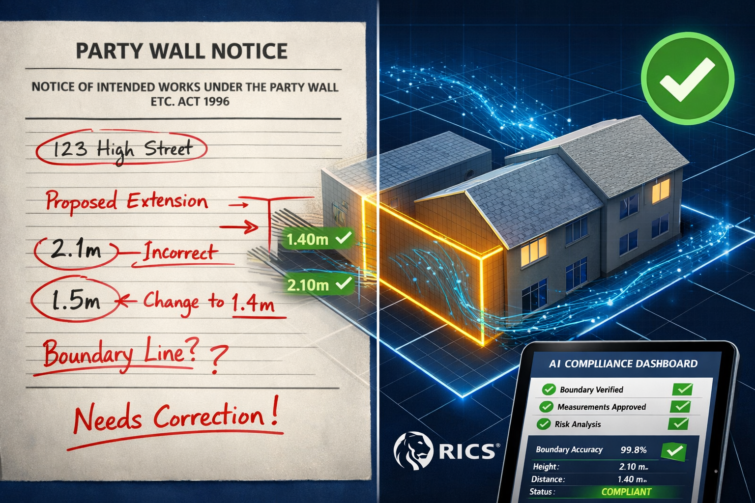 Landscape format (1536x1024) detailed illustration showing AI-powered boundary detection system in action. Split-screen view: left shows tra