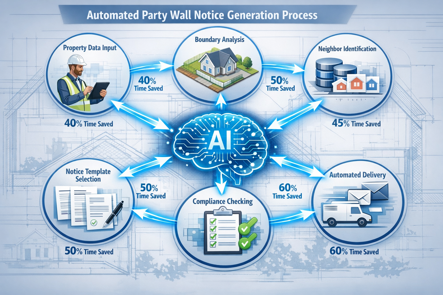 Landscape format (1536x1024) comprehensive workflow diagram showing automated party wall notice generation process. Central AI brain icon co