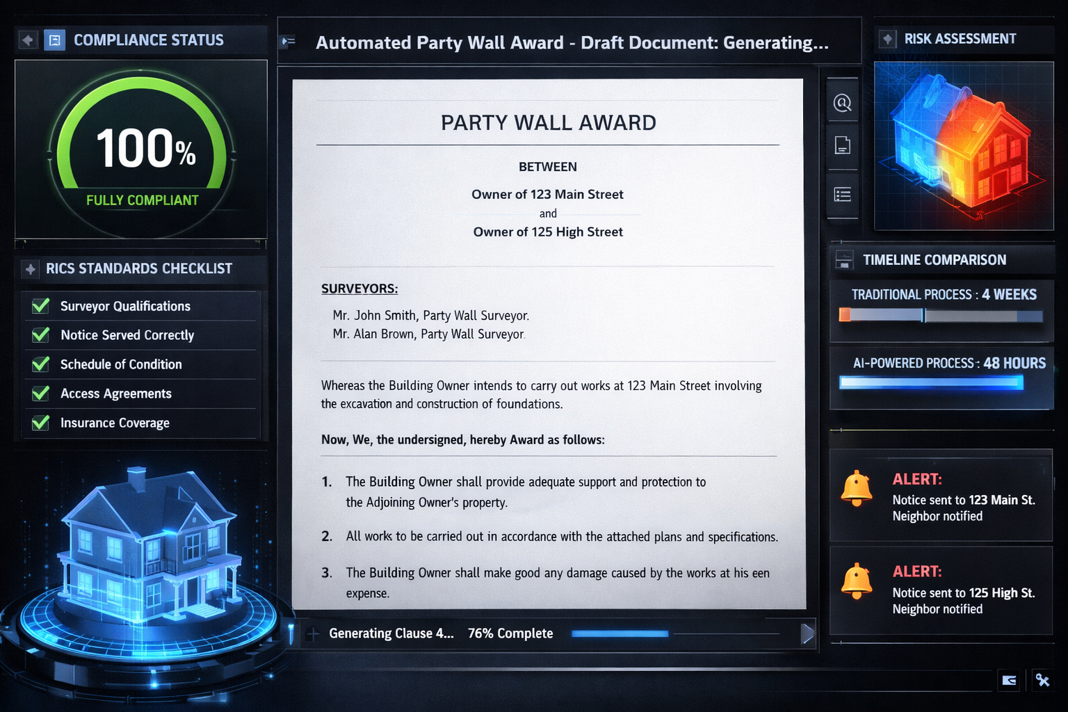 Landscape format (1536x1024) futuristic compliance dashboard interface showing AI-powered party wall award system. Main screen displays auto