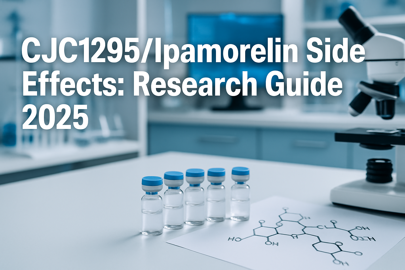 Professional landscape hero image (1536x1024) featuring bold text overlay 'CJC1295/Ipamorelin Side Effects: Research Guide 2025' in extra la