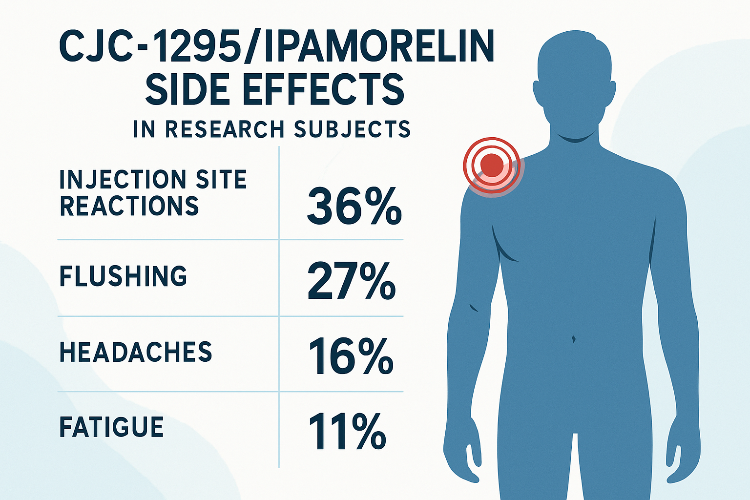 Scientific infographic showing common CJC1295/Ipamorelin side effects in research subjects, featuring human silhouette with labeled areas in