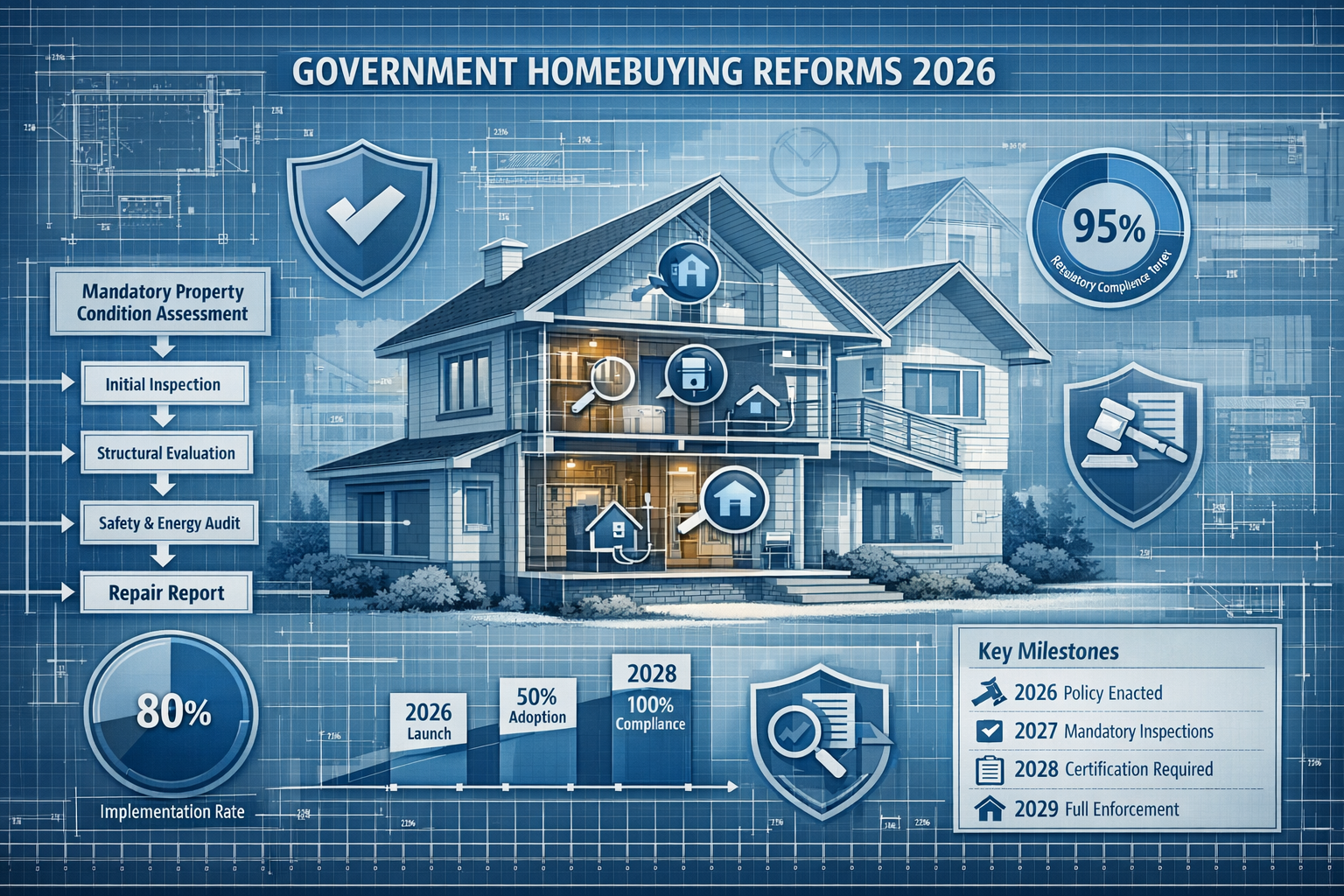 A comprehensive infographic visualizing the Government Homebuying Reforms 2026, featuring a large architectural blueprint