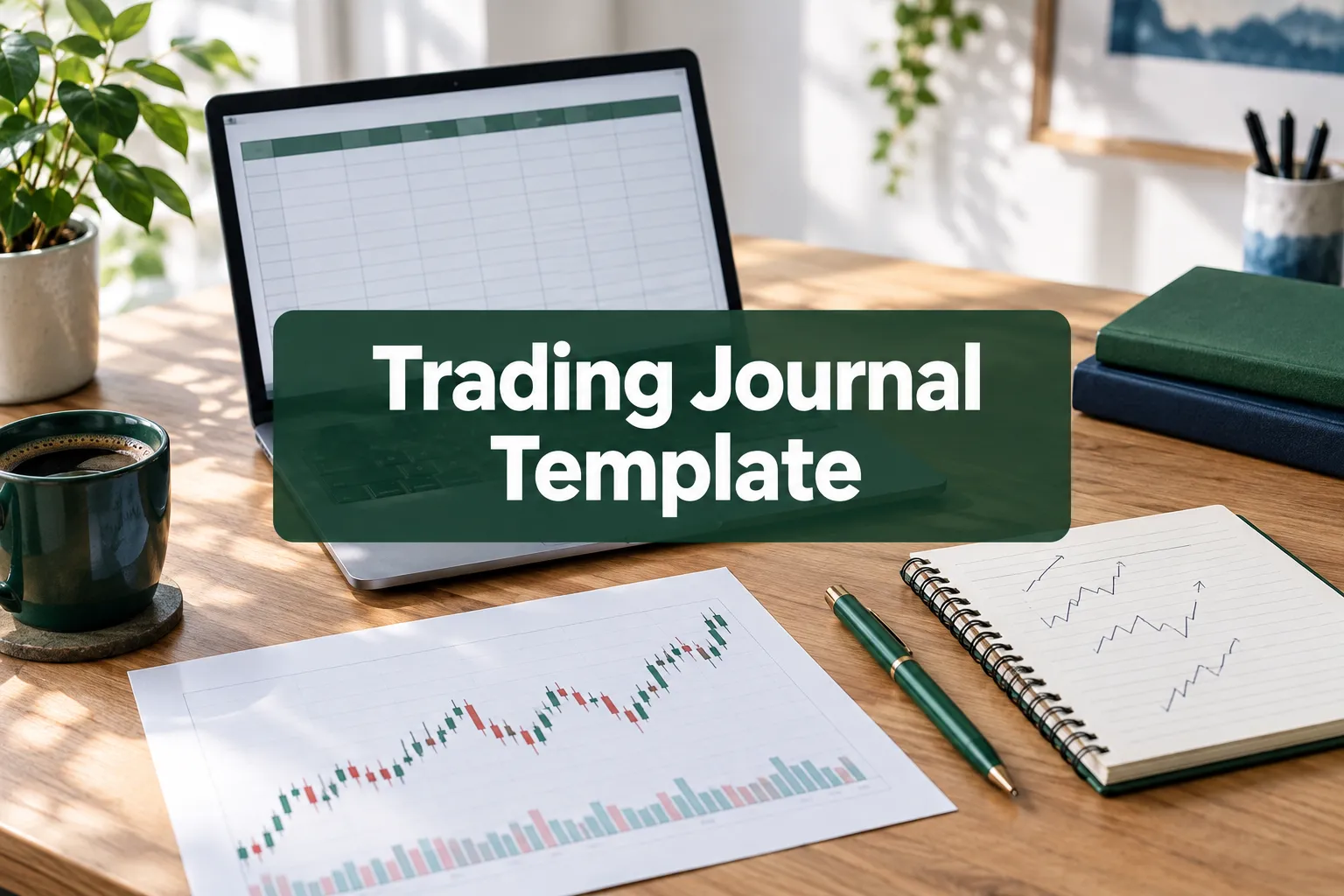 Trading journal template cover image with a spreadsheet, chart printout and notebook on a desk