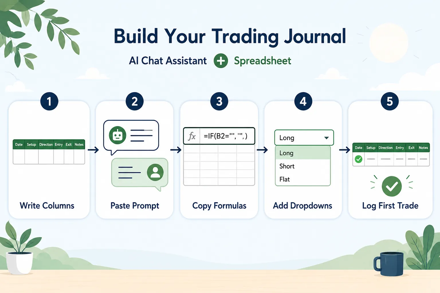 Build a trading journal in five steps: write columns, paste prompt, copy formulas, add dropdowns, log first trade