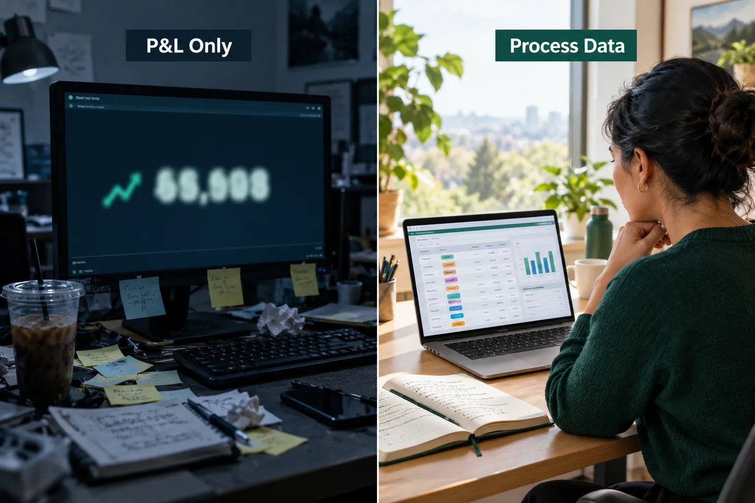 Tracking only P&L at a messy desk versus tracking process data in a tidy journal