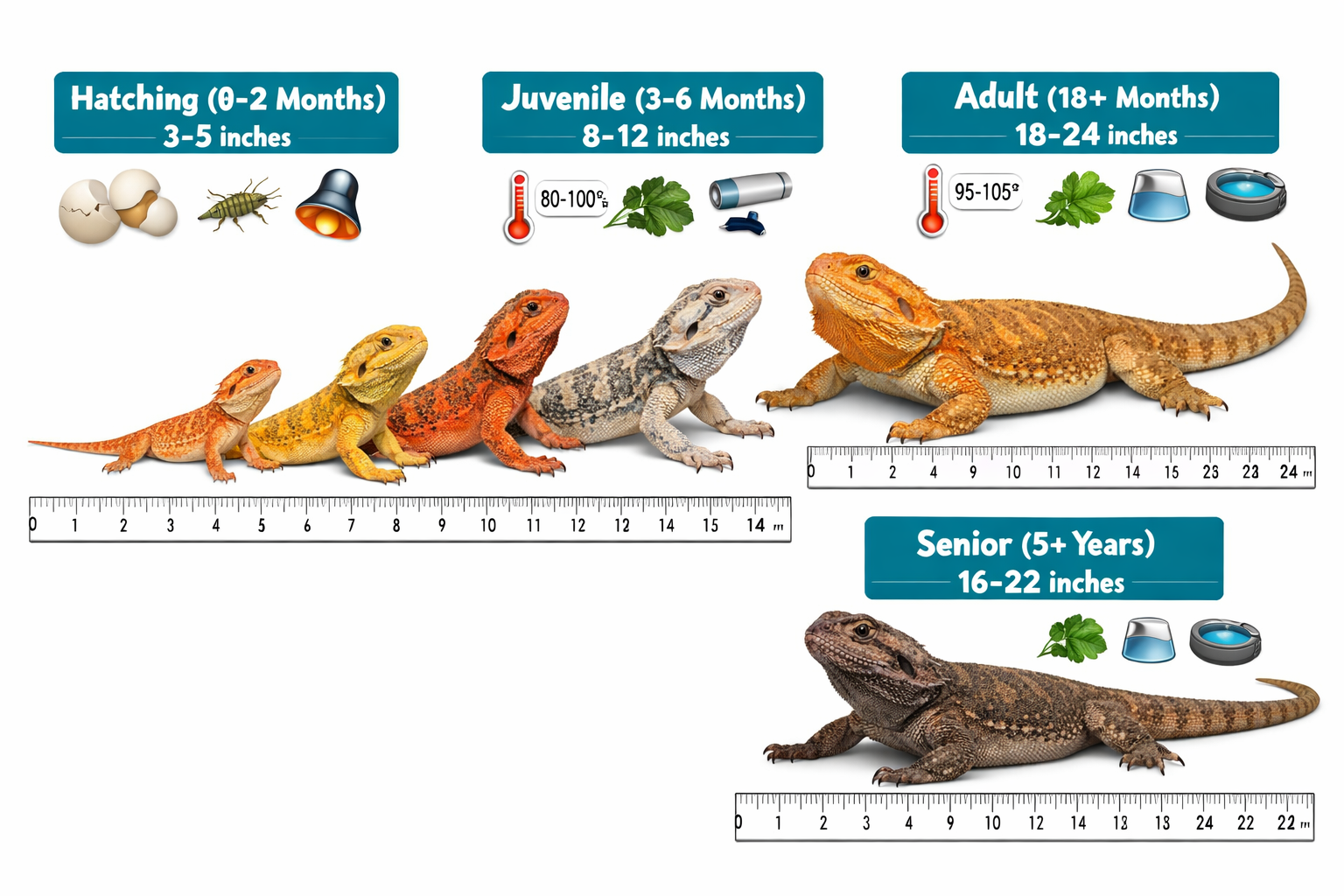 Landscape format (1536x1024) image showing healthy juvenile bearded dragons aged 3-6 months in comparison to baby and adult specimens, with 