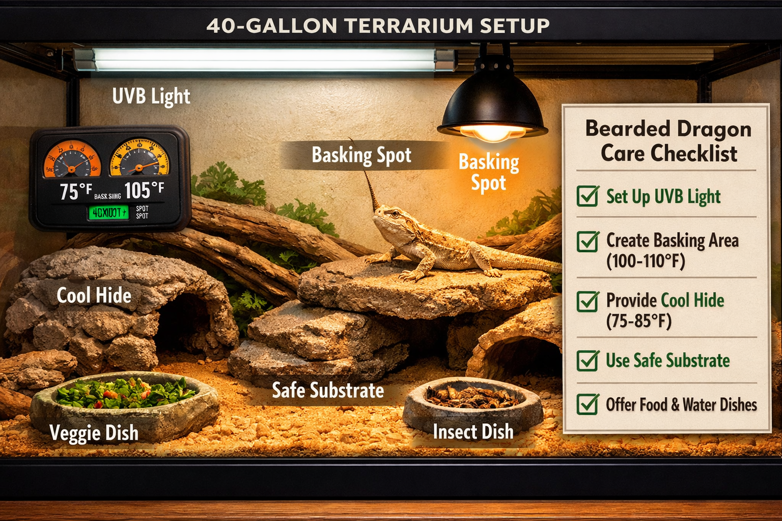 Landscape format (1536x1024) image showing proper juvenile bearded dragon terrarium setup with 40-gallon tank, UVB lighting, basking spot, s
