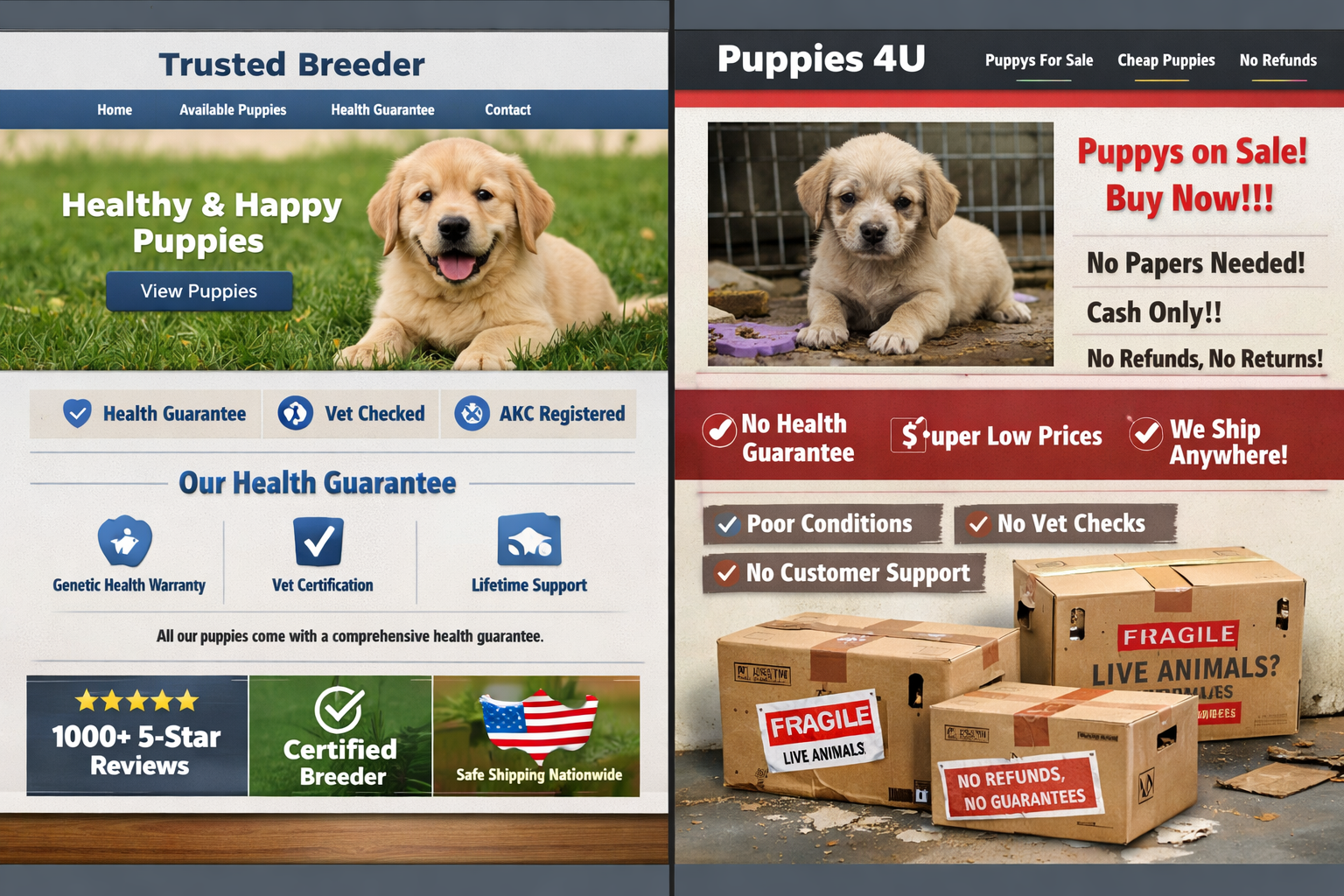 Landscape format (1536x1024) split-screen comparison showing reputable online breeder website interface on left with health guarantees and c