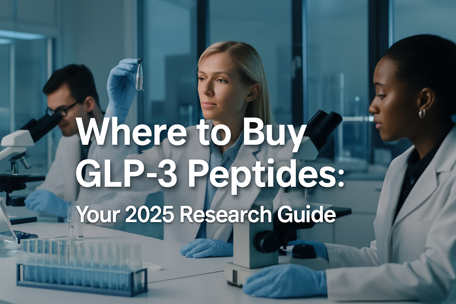 Professional landscape hero image (1536x1024) with bold text overlay: 'Where to Buy GLP-3 Peptides: Your 2025 Research Guide', modern sans-s