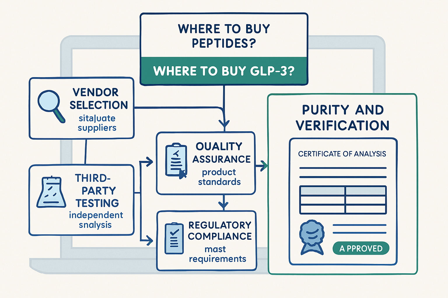 A detailed flowchart (1536x1024) mapping the journey of purchasing research peptides, including 'Vendor Selection,' 'Quality Assurance,' 'Th