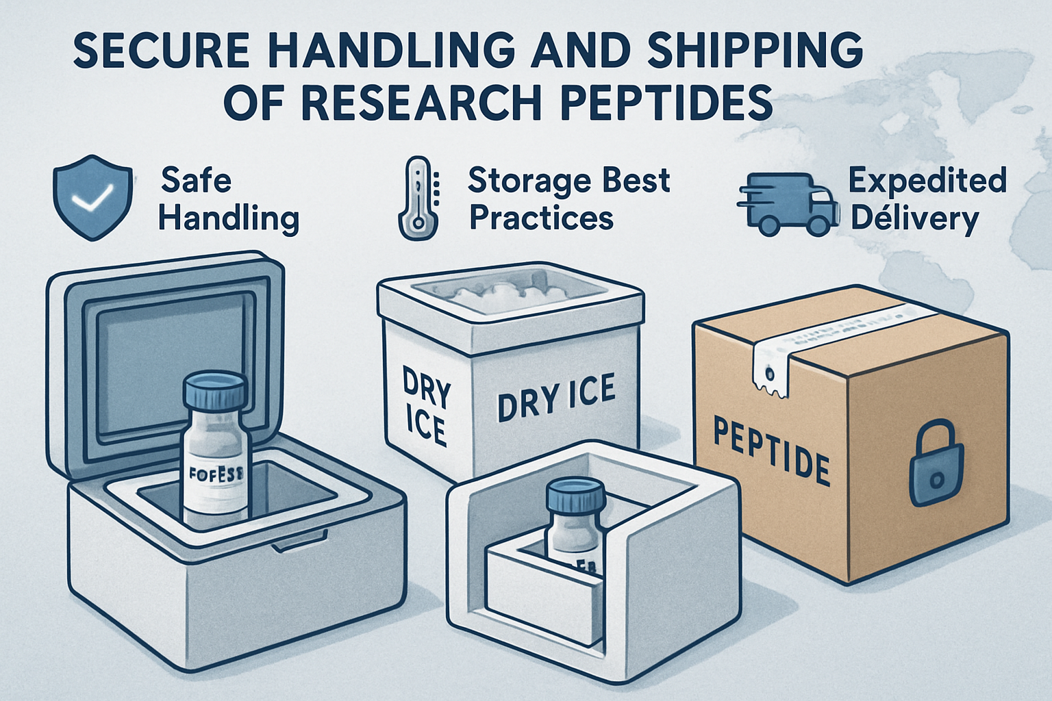 A concept illustration (1536x1024) showing various secure packaging and shipping methods for research peptides, including insulated containe