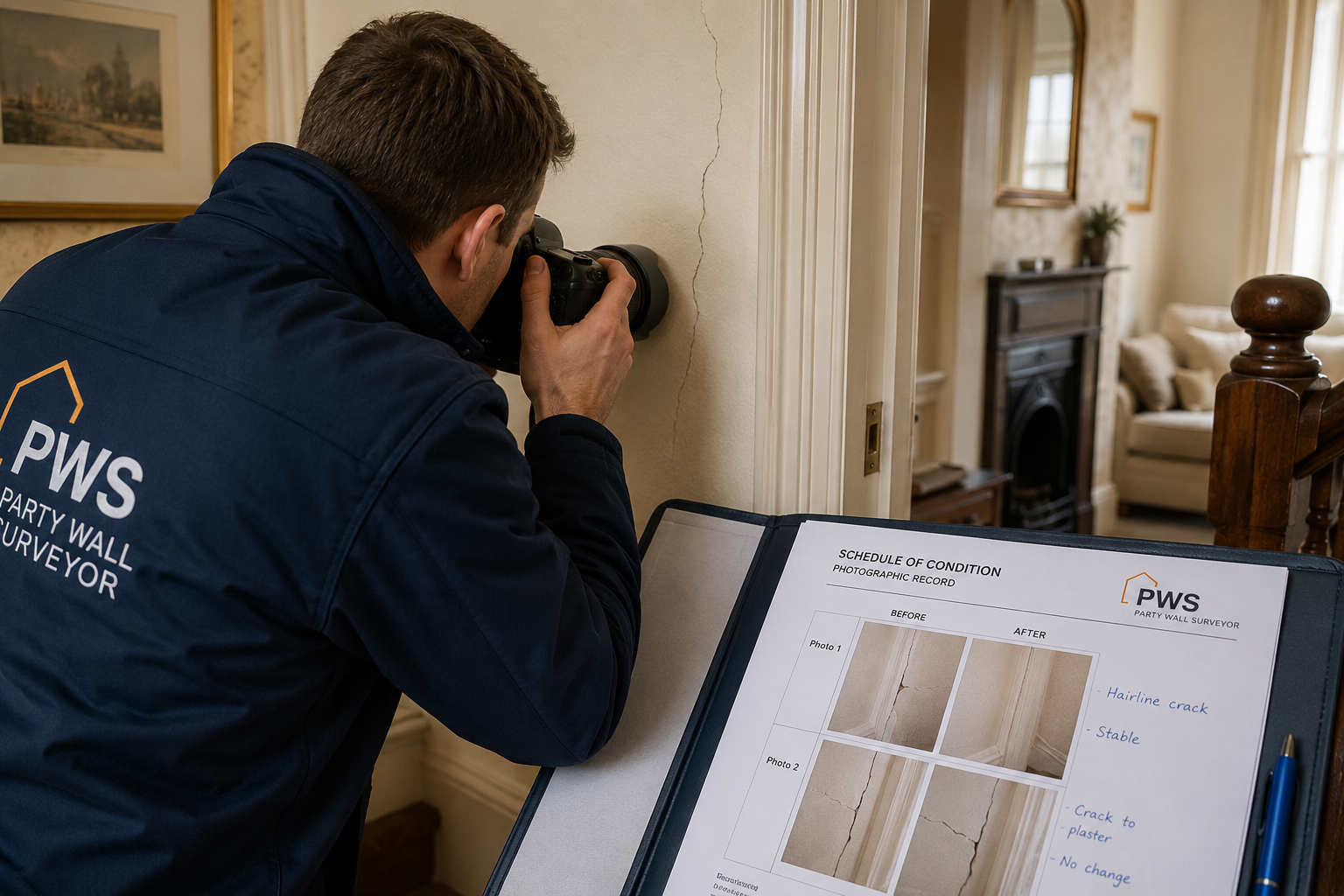 Detailed () image showing a professional party wall surveyor photographing interior wall cracks in a Victorian terraced