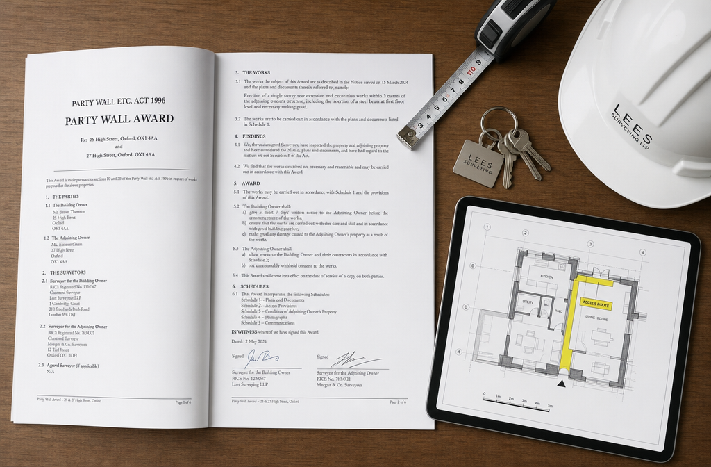 Detailed () overhead birds-eye view of a wooden desk with a party wall award legal document spread open, showing clauses and