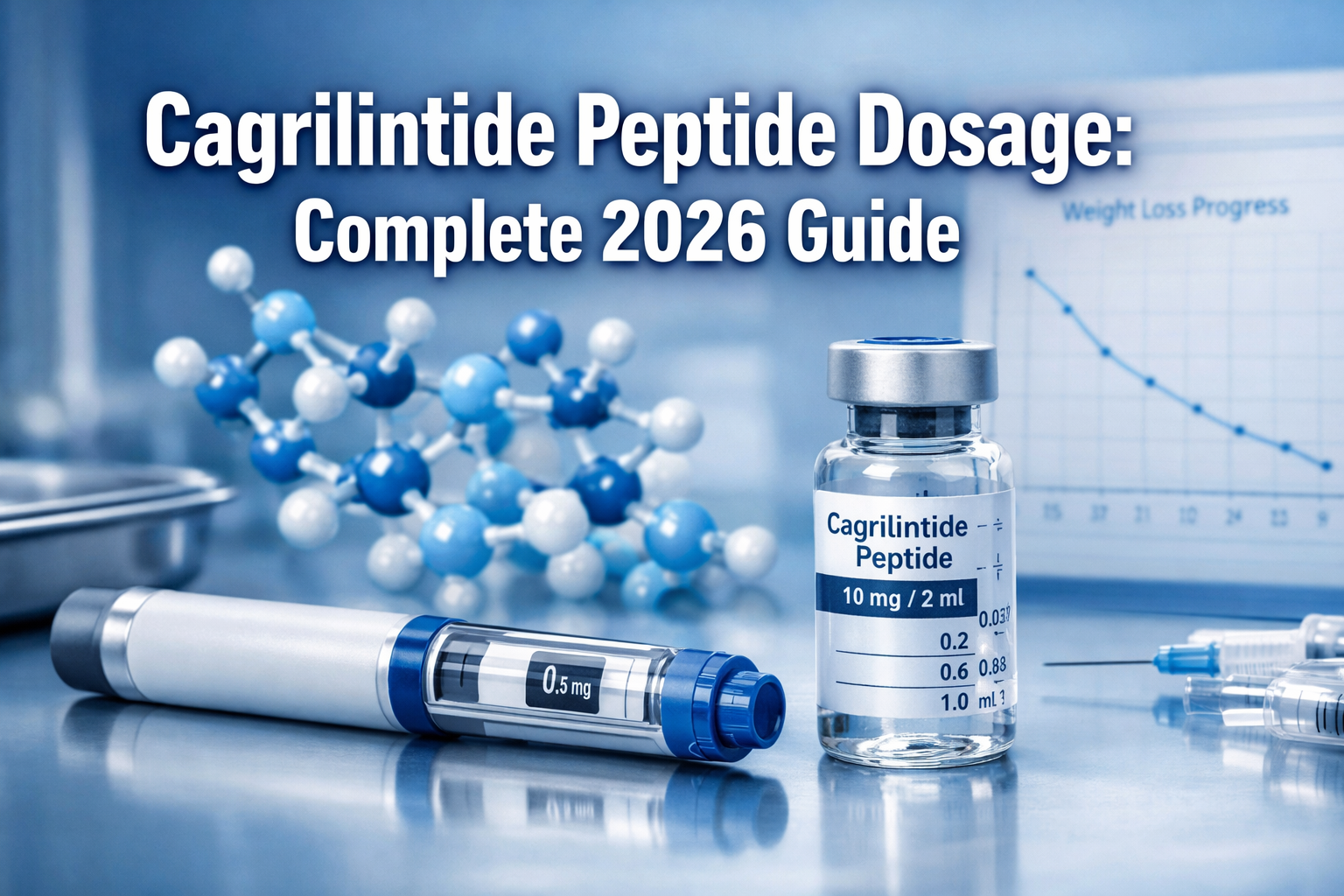 Professional landscape hero image (1536x1024) featuring bold text overlay 'Cagrilintide Peptide Dosage: Complete 2026 Guide' in extra large 