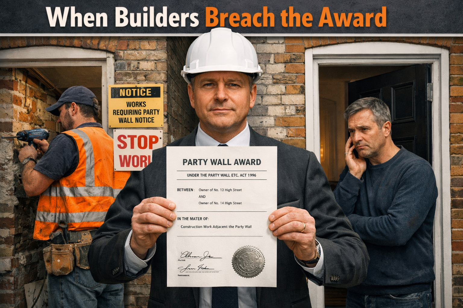 () editorial illustration showing a party wall surveyor in a hard hat and suit standing between two adjoining UK townhouses,