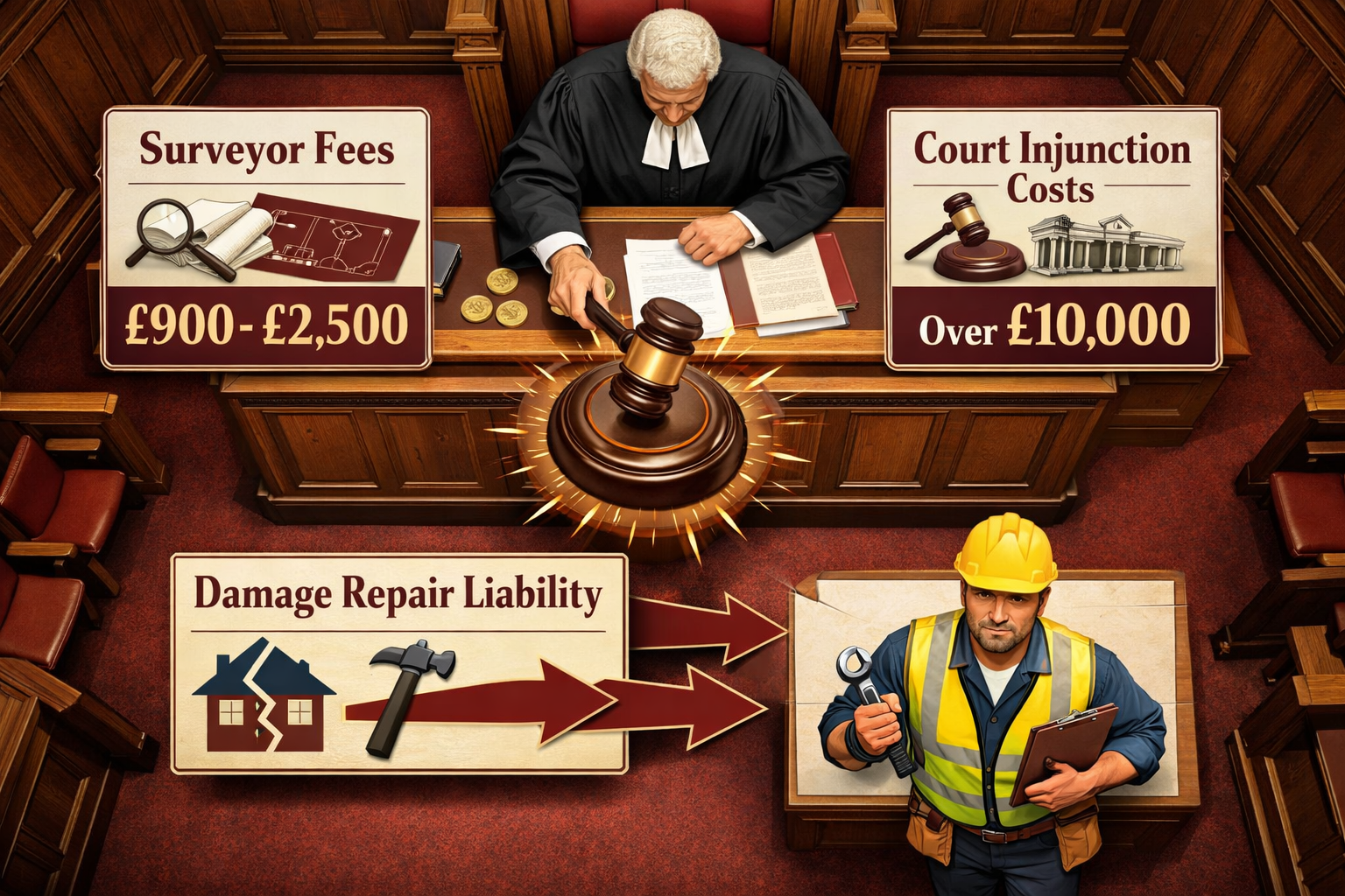 () infographic-style courtroom scene showing a judge's bench with a gavel striking down, surrounded by legal cost breakdown