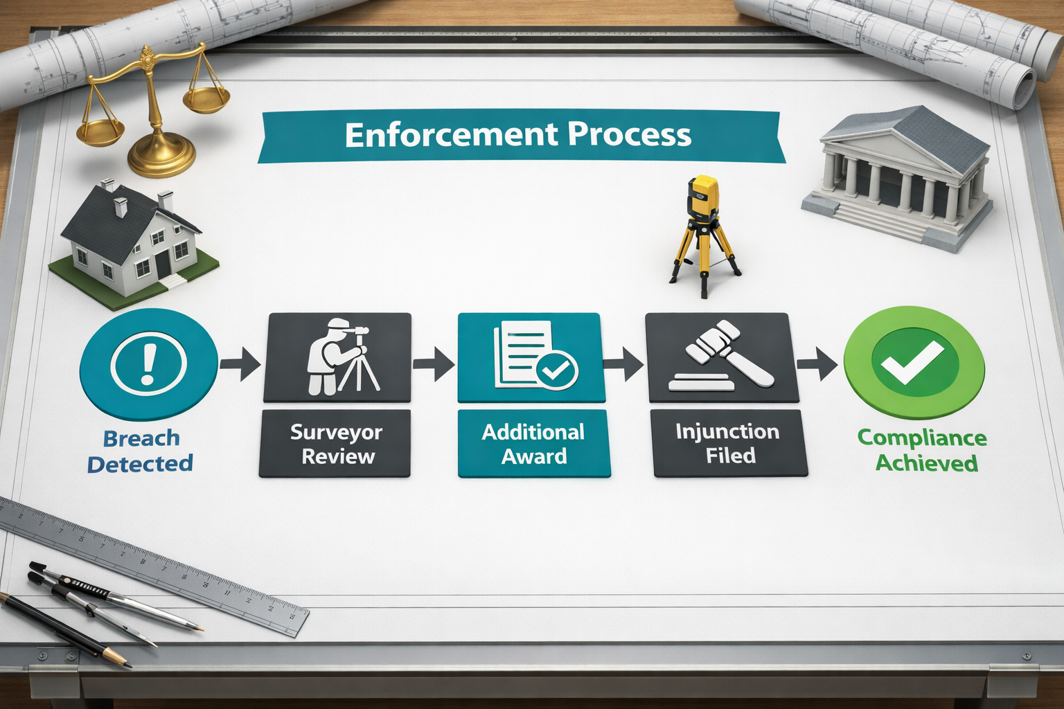 () step-by-step process flowchart displayed on a large architectural drawing table, showing enforcement stages from 'Breach