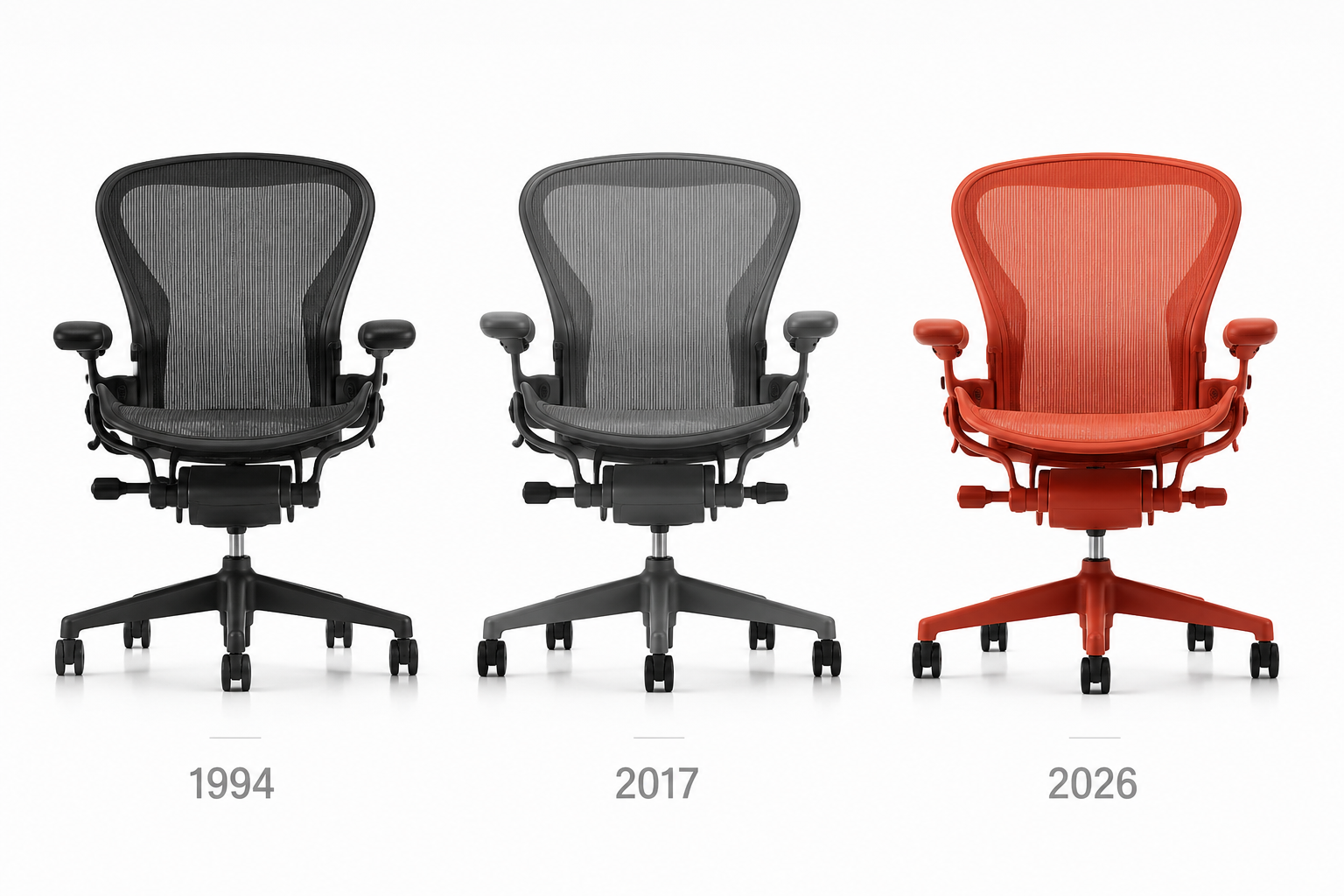Herman Miller Aeron Chair Detailed landscape format (1536x1024) editorial illustration showing a side-by-side timeline comparison of the Herman Miller Aeron chair across three decades: 1994 original model in classic graphite, 2017 remastered version, and the bold 2026 redesign in a vibrant new color. Clean white studio background, precise product photography style, subtle shadow beneath each chair, year labels in modern sans-serif typography below each model. Color palette: neutral grey for older models transitioning to a vivid accent color for the 2026 version, emphasizing the design evolution. High-end furniture catalog aesthetic. What Makes the June 2026 Update the Boldest Yet