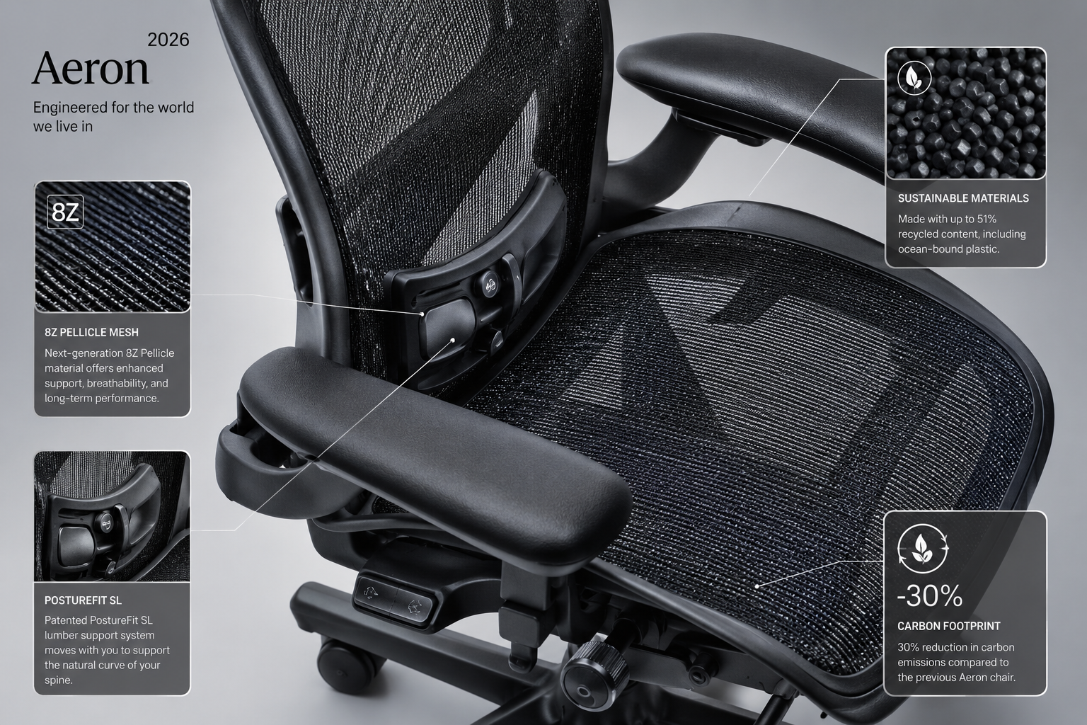 Herman Miller Aeron Chair Wide-angle landscape format (1536x1024) close-up product detail shot of the 2026 Herman Miller Aeron chair focusing on the new 8Z Pellicle mesh material texture, PostureFit SL lumbar support mechanism, and recycled material components. Overhead angled perspective showing the chair's seat pan, armrests, and tilt mechanism in sharp detail. Soft directional studio lighting creates depth and texture contrast. Inset callout boxes highlight sustainable materials and carbon reduction data points. Background: minimalist light grey gradient. Premium ergonomic product photography, editorial quality. Community Reaction and Early Impressions