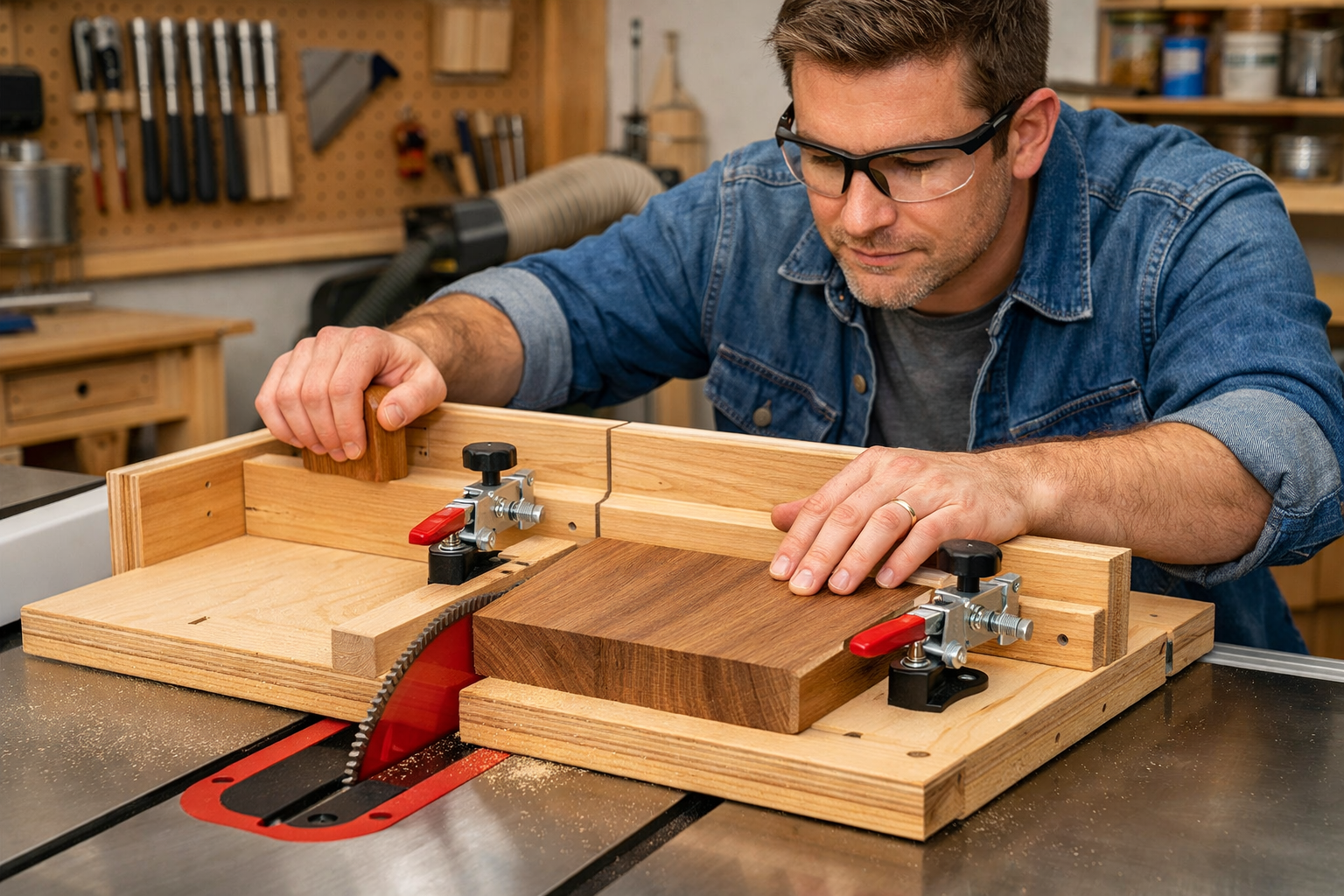 Detailed () image showing a beginner woodworker carefully using a homemade cross-cut sled on a table saw, demonstrating