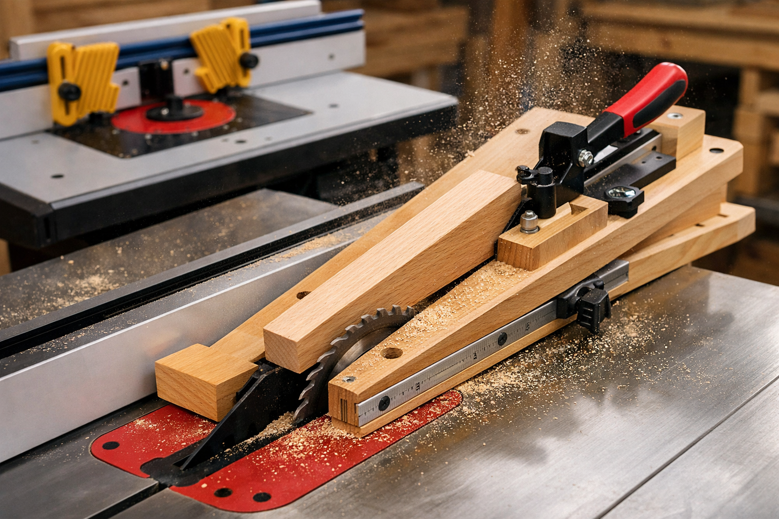 Detailed () image illustrating a close-up of a tapering jig in action on a table saw, cutting a furniture leg. The jig
