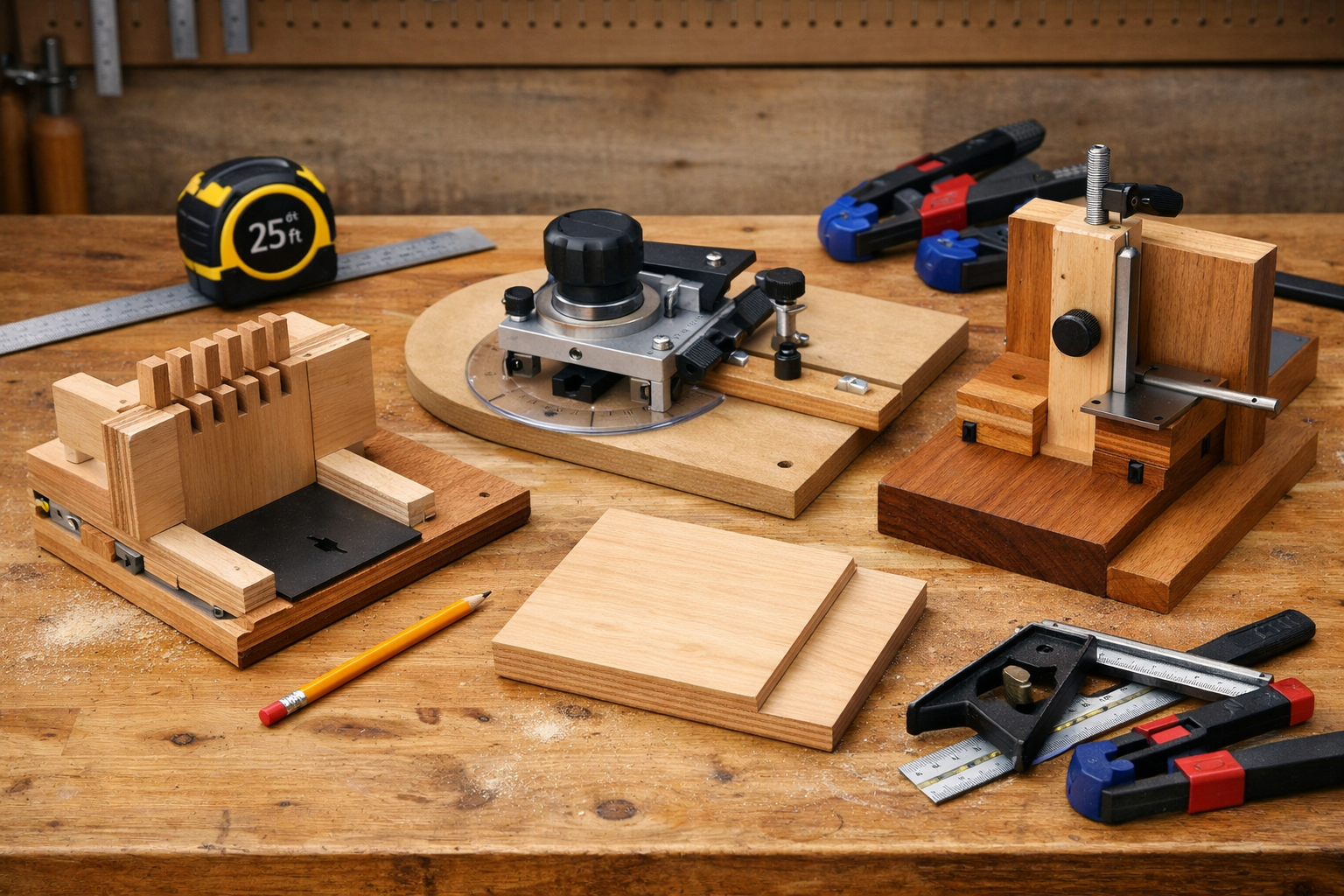 Detailed () image presenting a variety of simple, essential woodworking jigs neatly arranged on a workbench, alongside