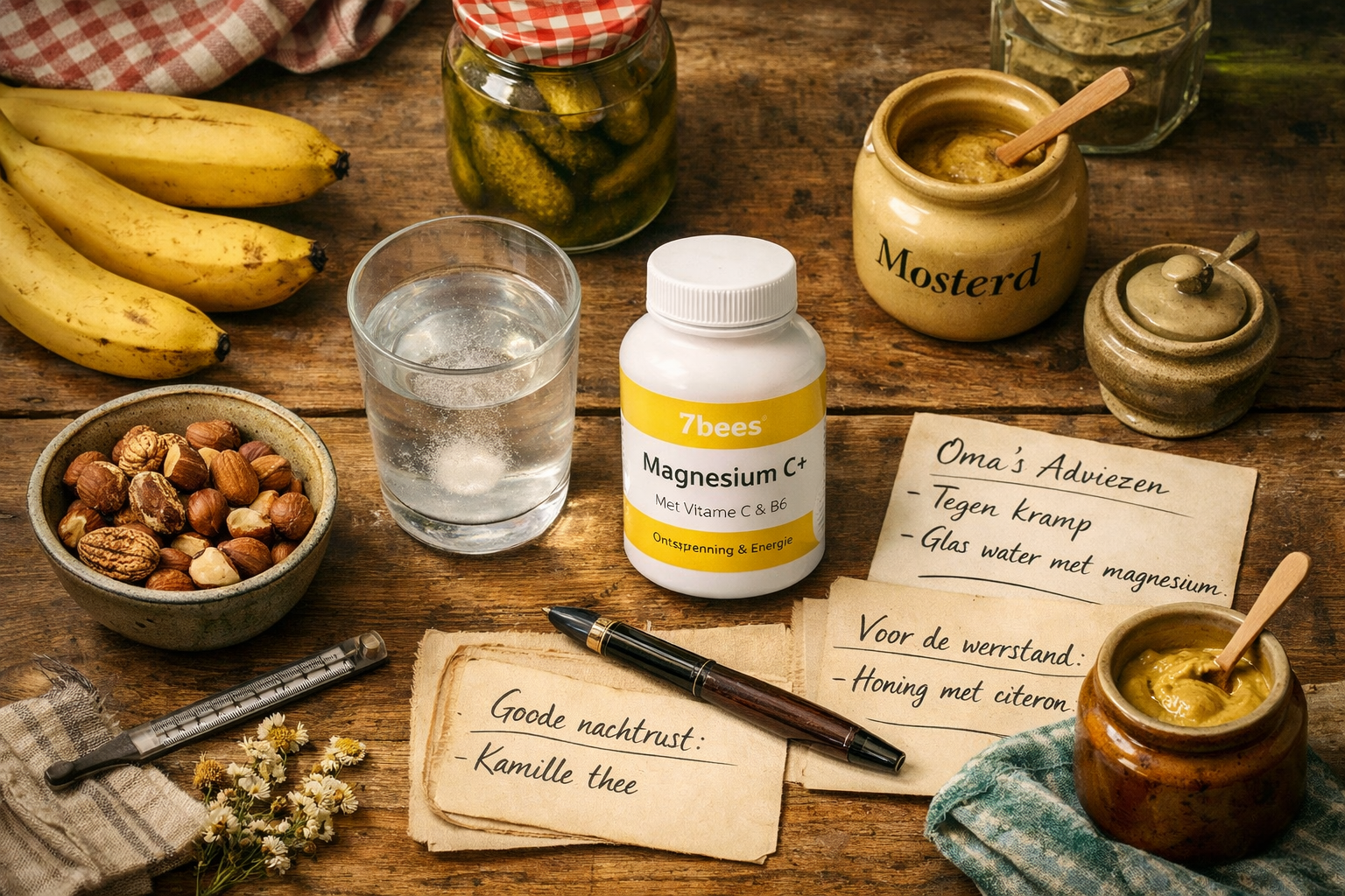 Afbeeldingen met nederlandse tekst Warm nostalgic scene showing traditional Dutch grandmother's remedies laid out on wooden kitchen table, g