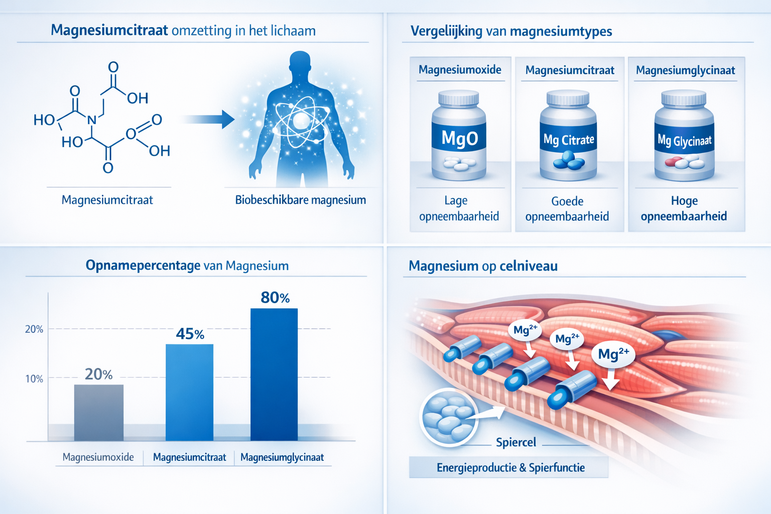 Afbeeldingen met nederlandse tekst Scientific visualization showing magnesium citrate molecule structure transforming into bioavailable form