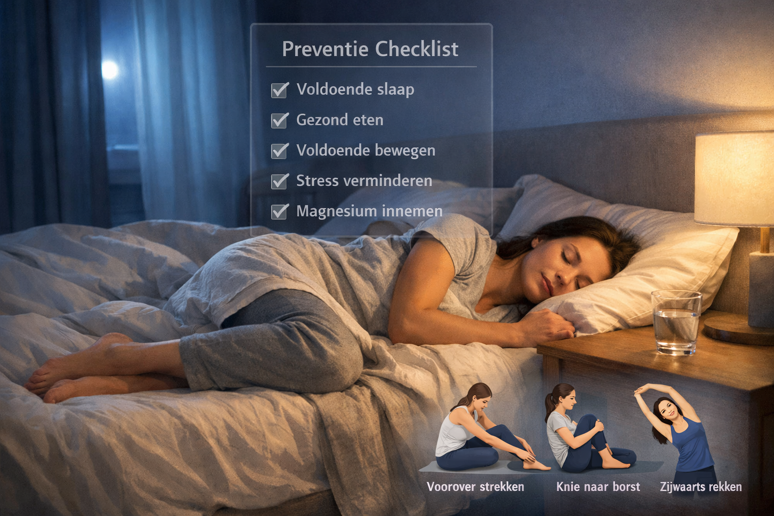 Afbeeldingen met nederlandse tekst Peaceful nighttime bedroom scene showing person sleeping comfortably in bed with relaxed leg position, ma